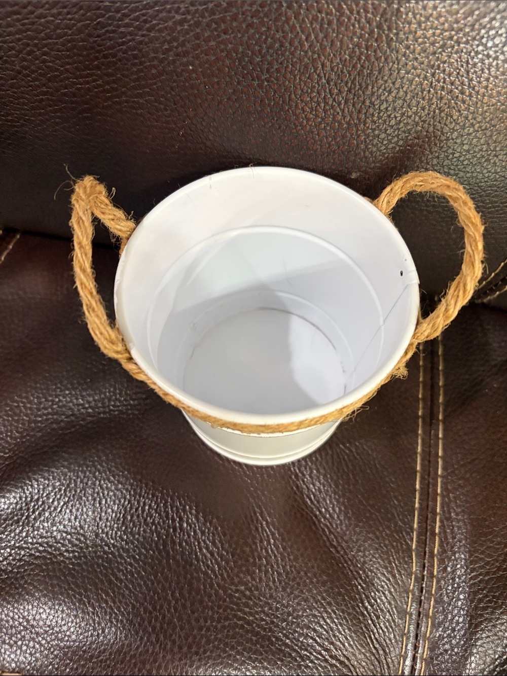 White Rustic Metal Mini Container with Rope Handles - Picture 3 of 3